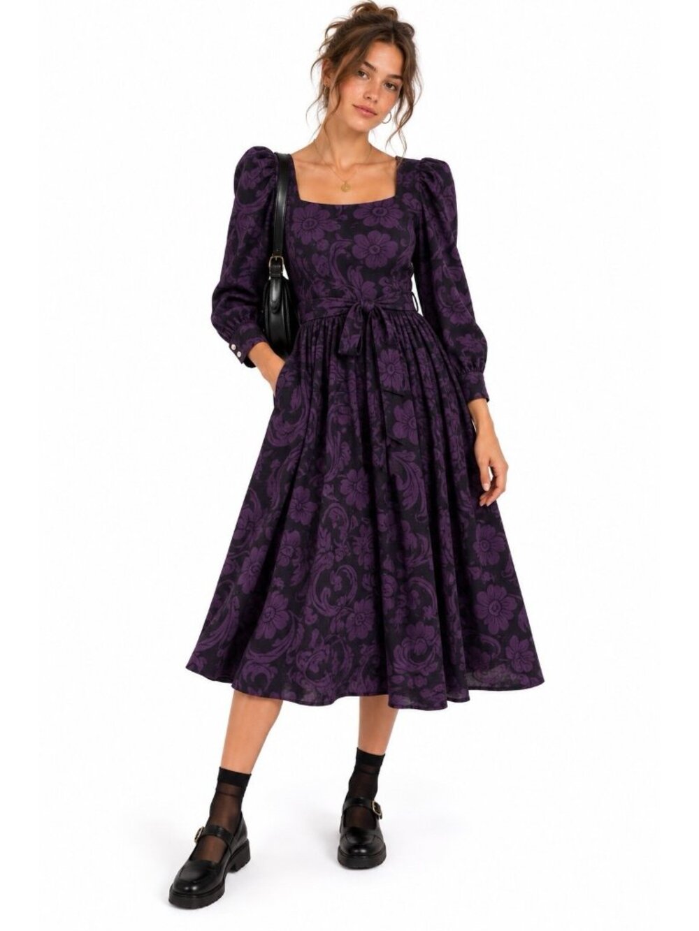 LAURA ASHLEY dress purple floral corduroy 6 dark romantic gothic prairie retro